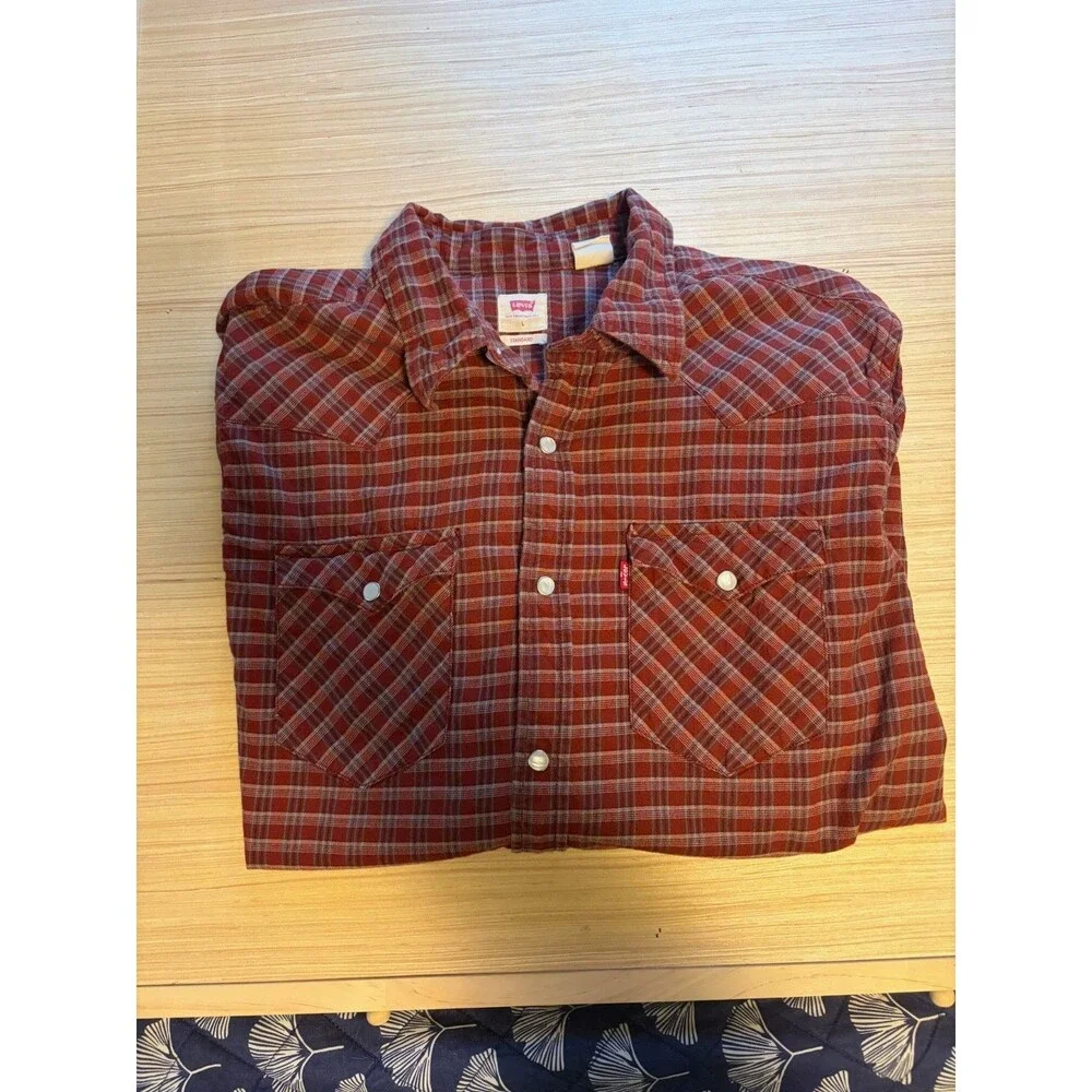 Levi's Men's L Red Plaid Western Pearl Snap Long Sleeve Cotton Shirt